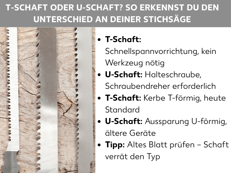 Infografik: T-Schaft oder U-Schaft? So erkennst du den Unterschied an deiner Stichsäge. Die Liste umfasst fünf Punkte: 1. T-Schaft: Schnellspannvorrichtung, kein Werkzeug nötig. 2. U-Schaft: Halteschraube, Schraubendreher erforderlich. 3. T-Schaft: Kerbe T-förmig, heute Standard. 4. U-Schaft: Aussparung U-förmig, ältere Geräte. 5. Tipp: Altes Blatt prüfen – Schaft verrät den Typ. Im Hintergrund sind zwei Stichsägeblätter mit unterschiedlicher Zahnung vor einem Holzstück zu sehen.