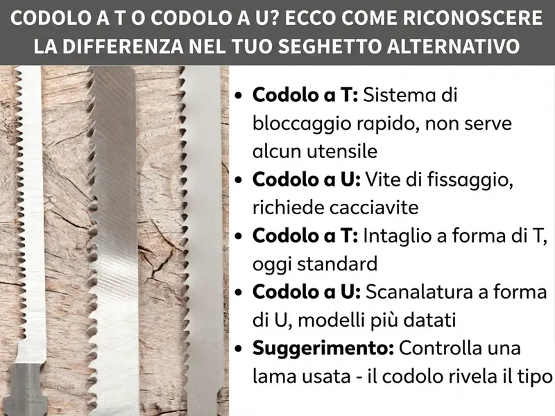 Infografica: attacco a T o attacco a U? Ecco come riconoscere la differenza nel tuo seghetto alternativo. L'elenco comprende cinque punti: 1. Attacco a T: meccanismo a sgancio rapido, nessun attrezzo necessario. 2. Attacco a U: vite di serraggio, serve un cacciavite. 3. Attacco a T: incastonatura a forma di T, oggi è lo standard. 4. Attacco a U: sagoma a forma di U, tipica dei modelli più datati. 5. Consiglio: controlla la vecchia lama – il codolo ti svela il tipo. Sullo sfondo si vedono due lame per seghetto alternativo con dentature diverse davanti a un pezzo di legno.