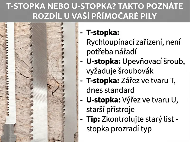 Infografika porovnávající rozdíly mezi T-stopkou a U-stopkou u pilových listů do přímočaré pily.