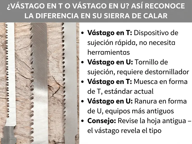 Infografía: ¿vástago en T o vástago en U? Así identificas la diferencia en tu sierra de calar. La lista incluye cinco puntos: 1. Vástago en T: sistema de sujeción rápida, sin herramientas. 2. Vástago en U: tornillo de sujeción, se necesita destornillador. 3. Vástago en T: muesca en forma de T, estándar actual. 4. Vástago en U: recorte en forma de U, modelos antiguos. 5. Consejo: revisa la hoja antigua, el vástago revela el tipo. En el fondo se ven dos hojas de sierra de calar con distinto dentado sobre una pieza de madera.