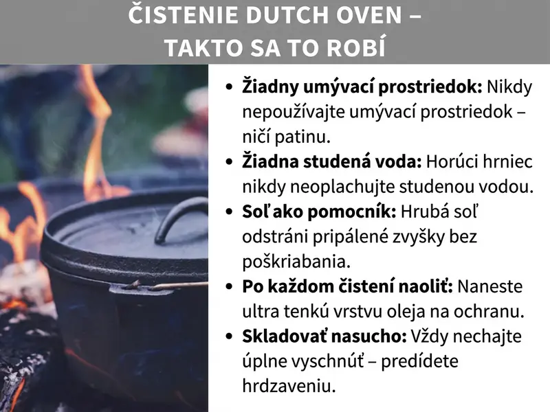 Infografika: Infografika s názvom „Čistenie Dutch Ovenu – ako na to". Vľavo je fotografia čierneho liatinového Dutch Oven na ohnisku s plameňmi. Vpravo je päť tipov na správne čistenie: Po prvé „Žiadny čistiaci prostriedok" – nikdy nepoužívajte saponát, pretože ničí patinu. Po druhé „Žiadna studená voda" – horúci hrniec nikdy nepolievajte studenou vodou. Po tretie „Soľ ako pomocník" – hrubá soľ odstráni pripáleniny bez škrabancov. Po štvrté „Po každom čistení naolejovať" – naneste veľmi tenkú vrstvu oleja na ochranu. Po piate „Skladovať v suchu" – hrniec vždy nechajte úplne vyschnúť, aby ste predišli hrdzaveniu.