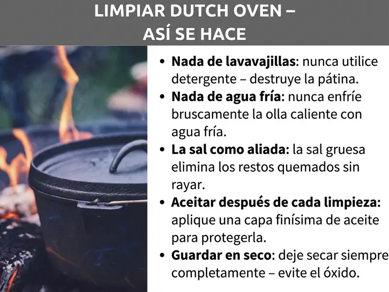 Infografía: Una infografía con el título «Limpiar Dutch Oven: así se hace». A la izquierda se muestra una foto de un Dutch Oven negro de hierro fundido sobre una hoguera con llamas. A la derecha aparecen cinco consejos para una limpieza correcta: primero, «Sin detergente»: no usar nunca detergente, ya que destruye la pátina. Segundo, «Sin agua fría»: nunca enfriar la olla caliente con agua fría. Tercero, «La sal como aliada»: la sal gruesa elimina los restos quemados sin rayar. Cuarto, «Engrasar después de cada limpieza»: aplicar una capa finísima de aceite como protección. Quinto, «Guardar en seco»: dejar siempre la olla completamente seca para evitar el óxido.