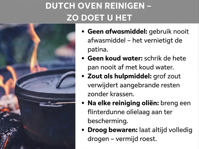 Infographic: Een infographic met de titel "Dutch oven schoonmaken - zo doe je dat". Links is een foto te zien van een zwarte gietijzeren Dutch oven op een kampvuur met vlammen. Rechts staan vijf tips voor het goed schoonmaken: ten eerste "Geen afwasmiddel" - gebruik nooit afwasmiddel, want dat tast de patina aan. Ten tweede "Geen koud water" - schrik de hete pan nooit af met koud water. Ten derde "Zout als hulpmiddel" - grof zout verwijdert aangebrande resten zonder krassen. Ten vierde "Na elke reiniging inoliën" - breng een flinterdun laagje olie aan ter bescherming. Ten vijfde "Droog opbergen" - laat de pan altijd volledig drogen om roest te voorkomen.
