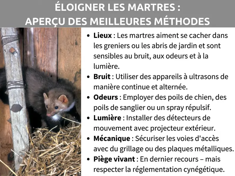 Infographie : Vue d’ensemble intitulée « Éloigner les fouines : les meilleures méthodes en un coup d’œil ». À gauche, une photo d’une fouine assise dans un abri en bois parmi de la paille. À droite, six méthodes listées : Lieux – Les fouines se cachent souvent dans les greniers ou les abris de jardin et réagissent au bruit, aux odeurs et à la lumière. Bruit – Utiliser des appareils à ultrasons en continu et changer leur emplacement. Odeurs – Utiliser des poils de chien, de sanglier ou un spray répulsif. Lumière – Installer des détecteurs de mouvement avec projecteur extérieur. Mécanique – Sécuriser les accès avec du grillage métallique ou des plaques. Piège à capture vivante – En dernier recours, en respectant la réglementation en vigueur.