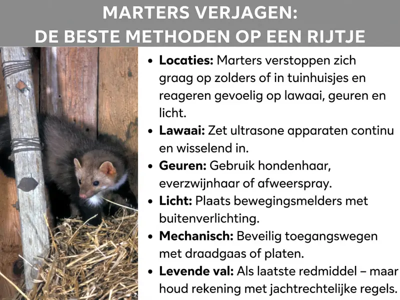 Infographic: Overzicht met de titel "Marters verjagen: de beste methoden op een rij". Links een foto van een marter die in een houten schuur tussen stro zit. Rechts zes methoden als opsomming: Schuilplaatsen: marters verstoppen zich graag op zolders of in tuinhuisjes en zijn gevoelig voor geluid, geur en licht. Geluid: gebruik ultrasone apparaten continu en op wisselende plekken. Geur: zet hondenhaar, everzwijnhaar of afweerspray in. Licht: plaats buitenlampen met bewegingssensoren. Mechanische barrières: sluit toegangswegen af met gaas of metalen platen. Vangkooi: als laatste redmiddel, maar let op de wettelijke regels.