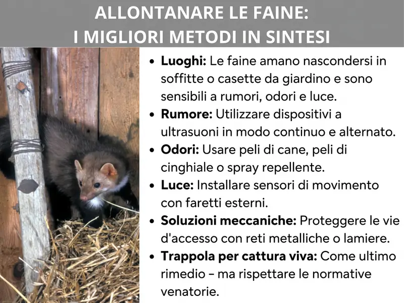 Infografica: panoramica con il titolo „Allontanare la faina: i metodi migliori a colpo d'occhio“. A sinistra, la foto di una faina seduta tra la paglia in un capanno in legno. A destra, sei metodi elencati in punti: Luoghi – Le faine si nascondono volentieri in soffitte o casette da giardino e sono sensibili a rumori, odori e luce. Rumore – Utilizzare dispositivi a ultrasuoni in modo continuativo, cambiandoli di posizione. Odori – Usare peli di cane, setole di cinghiale o spray repellente. Luce – Installare sensori di movimento con faretto esterno. Barriere meccaniche – Proteggere le vie di accesso con reti metalliche o lamiere. Trappola a cattura viva – Solo come ultima risorsa e nel rispetto delle normative sulla fauna selvatica.