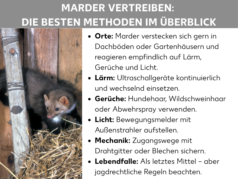 Infografik: Übersicht mit dem Titel „Marder vertreiben: Die besten Methoden im Überblick". Links ist ein Foto eines Marders zu sehen, der in einem Holzschuppen zwischen Stroh sitzt. Rechts sind sechs Methoden als Stichpunkte aufgelistet: Orte – Marder verstecken sich gern in Dachböden oder Gartenhäusern und reagieren empfindlich auf Lärm, Gerüche und Licht. Lärm – Ultraschallgeräte kontinuierlich und wechselnd einsetzen. Gerüche – Hundehaar, Wildschweinhaar oder Abwehrspray verwenden. Licht – Bewegungsmelder mit Außenstrahler aufstellen. Mechanik – Zugangswege mit Drahtgitter oder Blechen sichern. Lebendfalle – Als letztes Mittel, aber jagdrechtliche Regeln beachten.