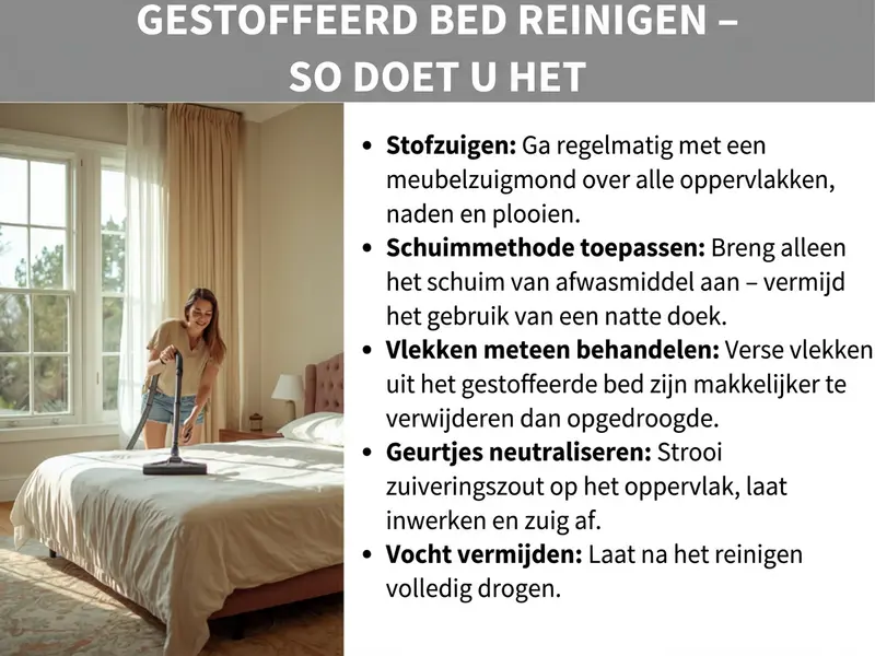 Infographic: gestoffeerd bed schoonmaken - zo doe je dat. De lijst bevat vijf punten: 1. Stofzuigen: ga regelmatig met het meubelmondstuk over alle oppervlakken, naden en plooien. 2. Schuimmethode toepassen: breng alleen het schuim van een afwasmiddeloplossing aan, gebruik geen natte doek. 3. Vlekken direct behandelen: verse vlekken zijn makkelijker te verwijderen dan ingedroogde. 4. Geuren neutraliseren: strooi zuiveringszout over het oppervlak, laat het inwerken en zuig het op. 5. Vocht vermijden: laat het bed na het schoonmaken volledig drogen. Links is een foto te zien van een jonge vrouw die lachend met een stofzuiger een licht bed schoonmaakt in een gezellig ingerichte slaapkamer.