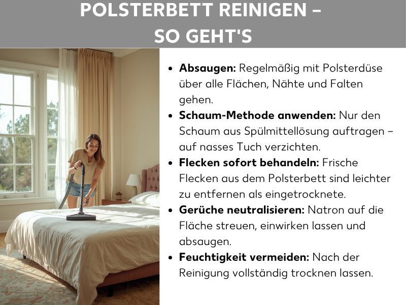 Infografik: Polsterbett reinigen – so geht's. Die Liste umfasst fünf Punkte: 1. Absaugen: Regelmäßig mit Polsterdüse über alle Flächen, Nähte und Falten gehen. 2. Schaum-Methode anwenden: Nur den Schaum aus Spülmittellösung auftragen – auf nasses Tuch verzichten. 3. Flecken sofort behandeln: Frische Flecken aus dem Polsterbett sind leichter zu entfernen als eingetrocknete. 4. Gerüche neutralisieren: Natron auf die Fläche streuen, einwirken lassen und absaugen. 5. Feuchtigkeit vermeiden: Nach der Reinigung vollständig trocknen lassen. Links daneben ist ein Foto zu sehen, das eine junge Frau zeigt, die lächelnd mit einem Staubsauger ein helles Bett in einem freundlich eingerichteten Schlafzimmer reinigt.