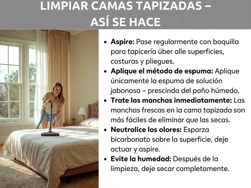 Infografía: limpiar cama tapizada — así se hace. La lista incluye cinco puntos: 1. Aspirar: pasar regularmente la boquilla para tapicerías por todas las superficies, costuras y pliegues. 2. Aplicar el método de la espuma: utilizar solo la espuma de una solución con lavavajillas, sin usar un paño mojado. 3. Tratar las manchas de inmediato: las manchas frescas en la cama tapizada se eliminan con más facilidad que las secas. 4. Neutralizar olores: espolvorear bicarbonato sobre la superficie, dejar actuar y aspirar. 5. Evitar la humedad: tras la limpieza, dejar secar por completo. A la izquierda se ve una foto de una mujer joven que, sonriente, limpia una cama de color claro con un aspirador en un dormitorio luminoso y bien decorado.