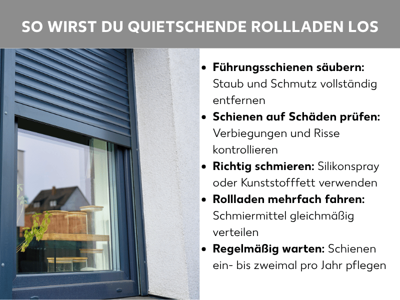 Infografik mit fünf Tipps gegen quietschende Rollladen: Führungsschienen säubern, auf Schäden prüfen, mit Silikonspray schmieren, Rollladen mehrfach fahren und Schienen regelmäßig warten – illustriert mit dem Foto eines grauen Rollladens an einem Fenster.