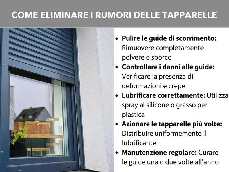 Infografica con cinque consigli contro le tapparelle che cigolano: pulire le guide, controllare eventuali danni, lubrificare con spray al silicone, azionare la tapparella più volte e fare manutenzione regolare alle guide — illustrata con la foto di una tapparella grigia su una finestra.