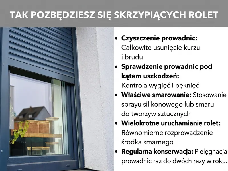 Infografika z pięcioma poradami na piszczącą roletę: czyszczenie prowadnic, sprawdzanie uszkodzeń, smarowanie sprayem silikonowym, kilkukrotne przesunięcie rolety w górę i w dół oraz regularna konserwacja – z ilustracją szarej rolety na oknie.