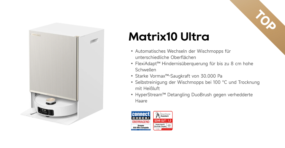 Werbung: TOP-Saugroboter Matrix10 Ultra mit Station. Features: 30.000 Pa, 8cm Kletterhöhe & 100°C Selbstreinigung. Sehr gut getestet.