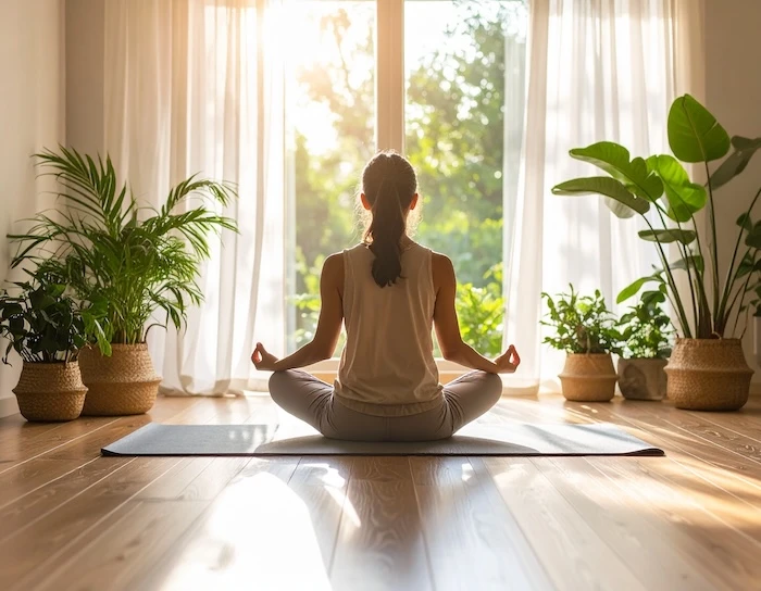 Schmuckbild: Eine Frau, die Yoga macht, daneben Pflanzen, vor ihr ein großes Fenster.
