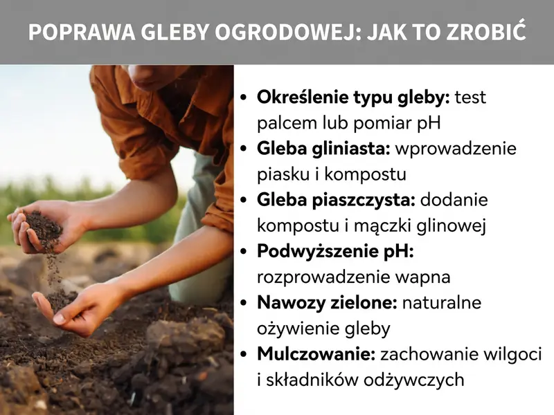 Infografika „Poprawa ziemi ogrodowej: jak to zrobić" – osoba trzymająca ziemię w dłoniach i sześć porad: określenie typu gleby (test palcowy lub test pH), poprawa gleby gliniastej piaskiem i kompostem, wzbogacenie gleby piaszczystej kompostem i mączką glinianą, podniesienie pH wapnem, zielone nawożenie w celu ożywienia gleby oraz ściółkowanie dla zachowania wilgoci i składników odżywczych.