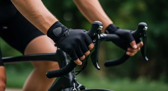 Schmuckbild: Rennradfahrer in Fahrradhandschuhen auf Rad