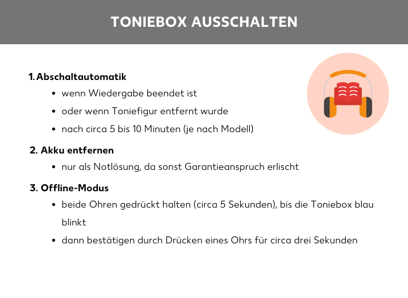 Infografik mit Kopfhörer-Icon. Text: 1. Abschaltautomatik (nach Wiedergabe-Ende oder Entfernen der Figur nach circa 5–10 Minuten), 2. Akku entfernen (nur Notlösung wegen Garantie) und 3. Offline-Modus (beide Ohren 5 Sekunden gedrückt halten, dann ein Ohr 3 Sekunden zur Bestätigung drücken).