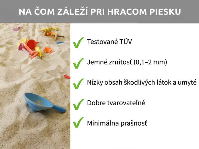 Infografika: Na čo záleží pri piesku na hranie. Grafika ukazuje päť bodov: 1. Certifikovaný. 2. Jemná zrnitosť od 0,1 do 2 milimetrov. 3. S nízkym obsahom škodlivín a praný. 4. Dobre tvarovateľný. 5. Nízka prašnosť.