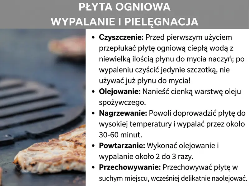 Infografika: Nagłówek „Wypalanie i pielęgnacja płyty grillowej" na szarym pasku. Po lewej zdjęcie ciemnej, wypalonej płyty grillowej z grillowanym mięsem. Po prawej lista pięciu kroków pielęgnacji: Czyszczenie – przed pierwszym użyciem spłucz płytę ciepłą wodą z niewielką ilością płynu do naczyń; po wypaleniu czyść ją wyłącznie szczotką, bez płynu do naczyń. Olejowanie – nałóż cienką warstwę oleju spożywczego. Podgrzewanie – powoli rozgrzej płytę do wysokiej temperatury i wypalaj przez ok. 30–60 minut. Powtórzenie – olejowanie i wypalanie powtórz 2–3 razy. Przechowywanie – płytę przechowuj w suchym miejscu, wcześniej smarując ją cienką warstwą oleju.