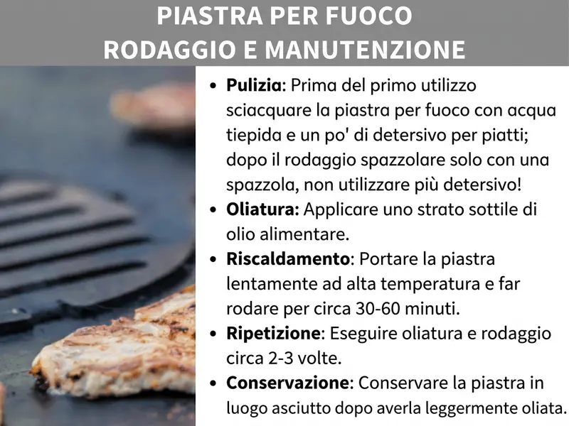 Infografica: titolo «Stagionare e curare la plancha» su fascia grigia. A sinistra, la foto di una plancha scura e stagionata con della carne in cottura. A destra, un elenco con cinque passaggi di cura: pulizia – risciacquare la plancha con acqua calda e un po' di detersivo per piatti prima del primo utilizzo; dopo la stagionatura, usare solo una spazzola e non utilizzare più il detersivo. Oliatura – applicare un sottile strato di olio alimentare. Riscaldamento – portare lentamente la piastra ad alta temperatura e lasciarla stagionare per circa 30-60 minuti. Ripetizione – ripetere oliatura e stagionatura per 2-3 volte. Conservazione – riporre la piastra in un luogo asciutto dopo averla oliata con uno strato sottile.