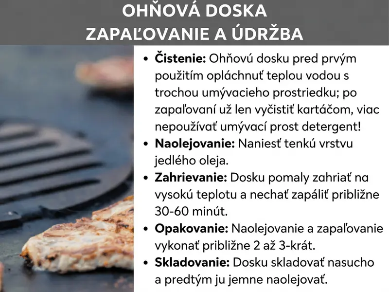 Infografika: Nadpis „Vypaľovanie grilovacej platne a starostlivosť o ňu" na sivom pruhu. Vľavo fotografia tmavej, vypálenej grilovacej platne s opečeným mäsom. Vpravo zoznam s piatimi krokmi starostlivosti: Čistenie – grilovaciu platňu pred prvým použitím opláchnite teplou vodou s trochou čistiaceho prostriedku, po vypálení ju už len kefujte a nepoužívajte čistiaci prostriedok. Olejovanie – naneste tenkú vrstvu jedlého oleja. Zahrievanie – platňu pomaly zahrejte na vysokú teplotu a nechajte ju vypaľovať približne 30 až 60 minút. Opakovanie – olejovanie a vypaľovanie zopakujte dva- až trikrát. Skladovanie – platňu skladujte na suchom mieste a predtým ju tenkou vrstvou naolejujte.