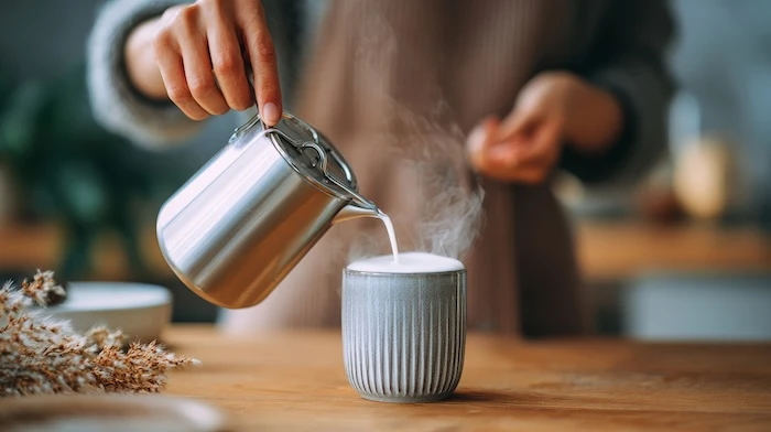 Person kippt aufgeschäumte Milch in eine Tasse Heißgetränk