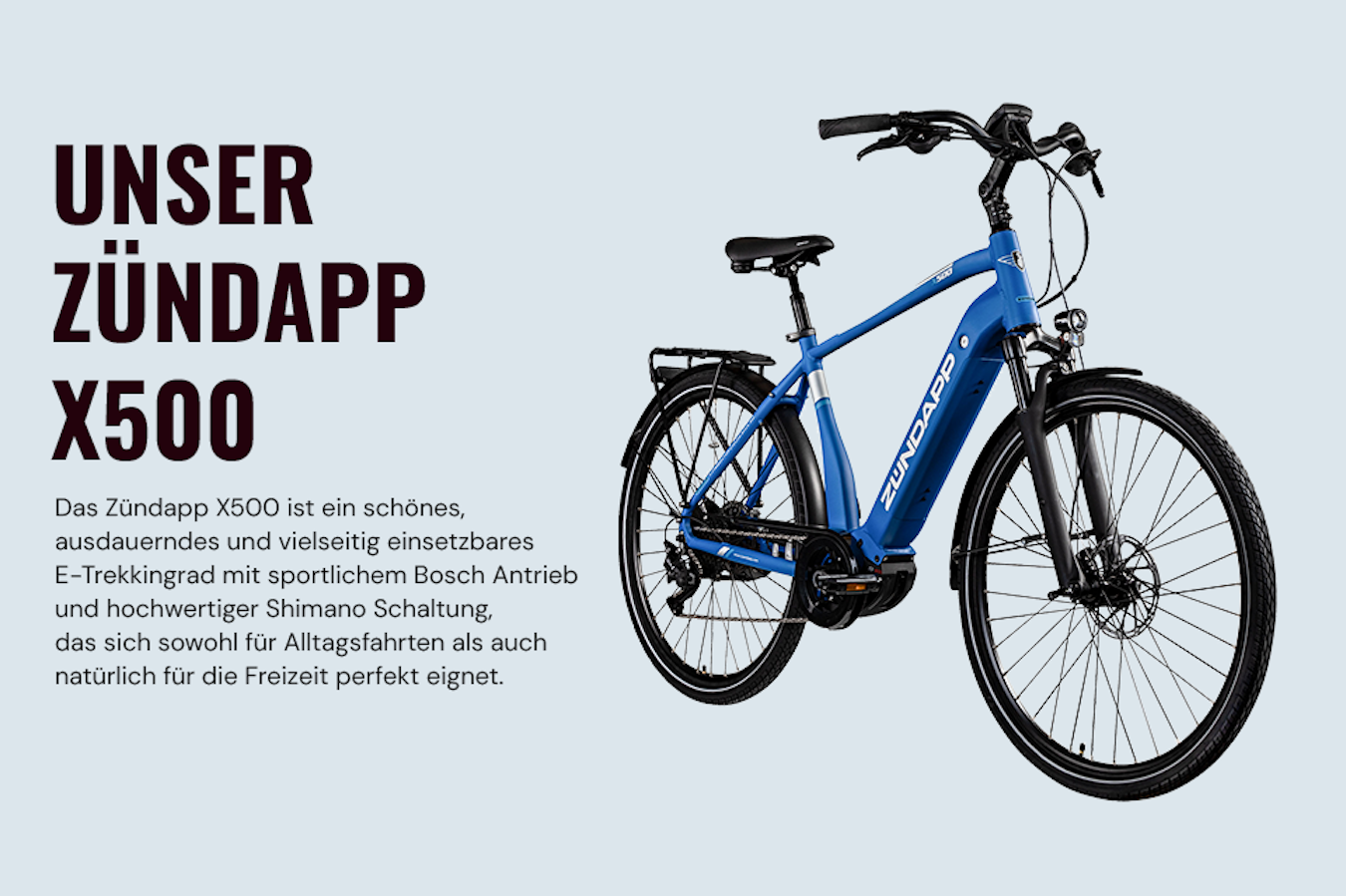 Werbung: Das blaue E-Trekkingrad Zündapp X500 mit Bosch Antrieb und Shimano Schaltung für Alltag und Freizeit.