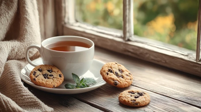 Schmuckbild: Eine Tasse Tee mit einem Minzblatt daneben und Keksen mit Schokoladenstücken auf einer hölzernen Fensterbank.