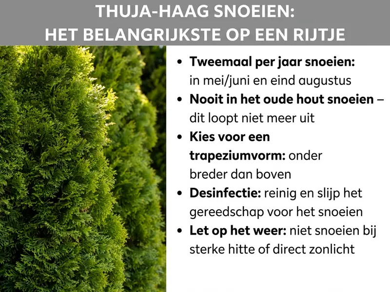 Infographic: Overzicht over het onderwerp "Thujahaag snoeien: het belangrijkste op een rij". Links is een foto van een dichtbegroeide, groene thujahaag te zien. Rechts daarnaast staan vijf kernpunten: twee keer per jaar snoeien — in mei/juni en eind augustus. Nooit in het oude hout snoeien — het loopt niet meer uit. Kies een trapeziumvorm — onderaan breder dan bovenaan. Desinfectie — gereedschap voor het snoeien reinigen en slijpen. Let op het weer — niet bij felle hitte of direct zonlicht snoeien.