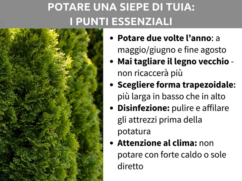Infografica: panoramica sul tema „Potatura della siepe di thuja: i punti chiave“. A sinistra, una foto di una siepe di thuja folta e verde. A destra, cinque punti: potare due volte all’anno, a maggio o giugno e a fine agosto; non tagliare mai nel legno vecchio, perché non ricaccia più; scegliere una forma a trapezio, più larga alla base che in cima; disinfezione: pulire e affilare gli attrezzi prima del taglio; attenzione al meteo: non potare con forte caldo o sotto il sole diretto.