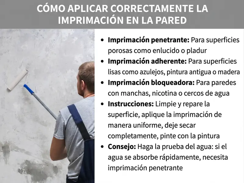 Infografía «Imprimar pared correctamente»: una persona aplica pintura con un rodillo sobre una pared de revoco rugoso. A su lado se explican tres tipos de imprimación: imprimación de fondo para superficies absorbentes como revoco o cartón yeso; imprimación de adherencia para superficies lisas como azulejos o madera; e imprimación sellante para paredes con manchas, nicotina o cercos de agua. Las instrucciones incluyen cuatro pasos: limpiar y reparar la superficie, aplicar la imprimación de manera uniforme, dejar secar completamente y pintar. Consejo: con una prueba de agua se puede comprobar si es necesaria la imprimación de fondo.