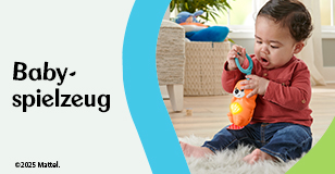 Werbung: Ein Baby sitzt auf einem Teppich und spielt mit einem leuchtenden Spielzeug. Text-Banner: Babyspielzeug.