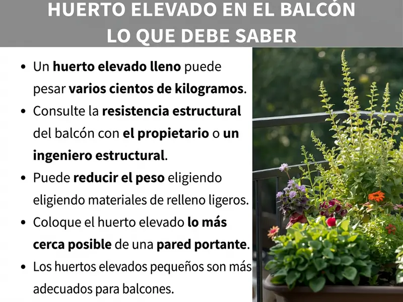 Infografía: Huerto elevado en el balcón: lo que debes saber. La lista incluye cinco puntos: 1. Un huerto elevado lleno puede pesar varios cientos de kilogramos. 2. Consulta la capacidad portante del balcón con tu casero o un ingeniero de estructuras. 3. Puedes reducir el peso eligiendo materiales de relleno ligeros. 4. Coloca el huerto elevado lo más cerca posible de un muro de carga. 5. Los huertos elevados pequeños son más adecuados para balcones. A la derecha, una foto de un huerto elevado plantado en un balcón con diversas plantas en flor y hierbas aromáticas.
