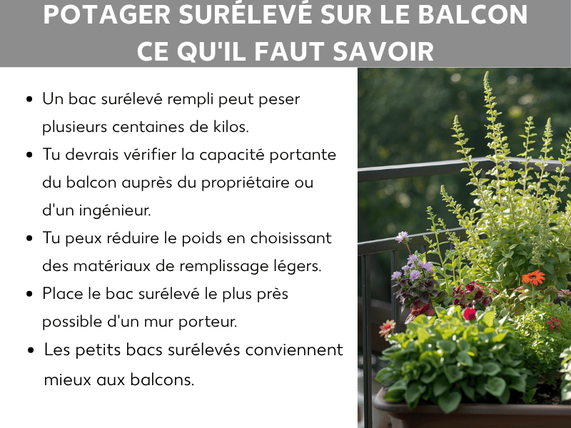 Infographie : bac potager sur le balcon – ce qu'il faut savoir. La liste comporte cinq points : 1. Un bac potager rempli peut peser plusieurs centaines de kilogrammes. 2. Renseignez-vous sur la capacité porteuse auprès de votre propriétaire ou d'un ingénieur en structure. 3. Réduisez le poids en choisissant des matériaux de remplissage légers. 4. Placez le bac potager le plus près possible d'un mur porteur. 5. Les petits modèles sont mieux adaptés aux balcons. À droite, la photo d'un bac potager fleuri sur un balcon avec différentes plantes et herbes aromatiques.