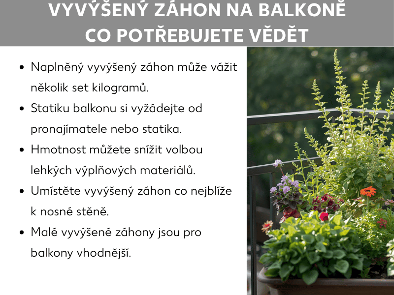 Infografika: Vyvýšený záhon na balkoně – co byste měli vědět. Seznam obsahuje pět bodů: 1. Naplněný vyvýšený záhon může vážit i několik set kilogramů. 2. Informujte se o nosnosti balkonu u správce budovy nebo statika. 3. Hmotnost můžete snížit volbou lehkých výplňových materiálů. 4. Záhon umístěte co nejblíže k nosné zdi. 5. Pro balkony se lépe hodí menší vyvýšené záhony. Vedle je fotografie osázeného vyvýšeného záhonu na balkoně s různými kvetoucími rostlinami a bylinkami.