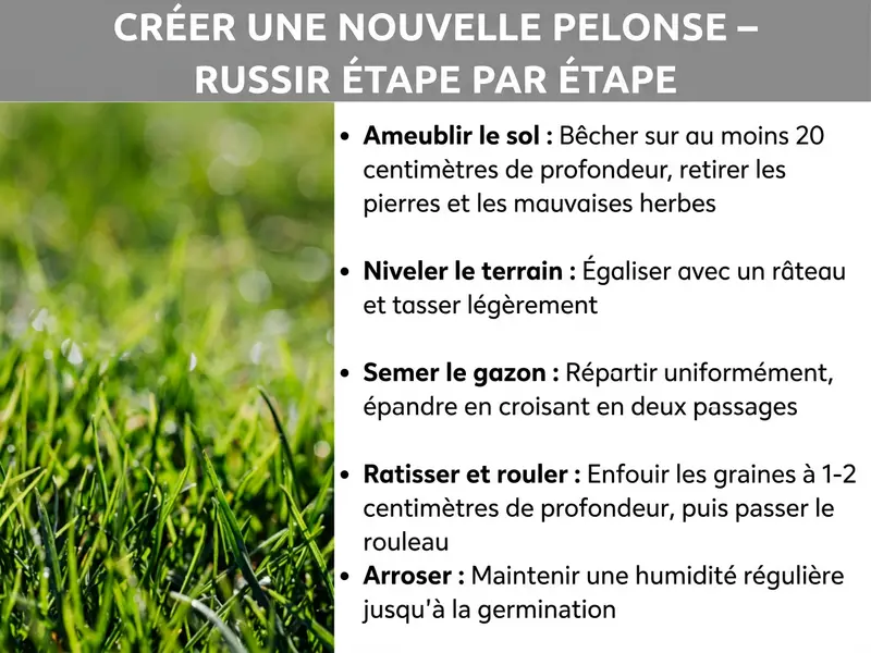 Infographie « Semer du gazon – Réussir étape par étape » avec cinq étapes sur fond de pelouse verte : ameublir le sol, niveler le terrain, semer les graines, ratisser et rouler, arroser.