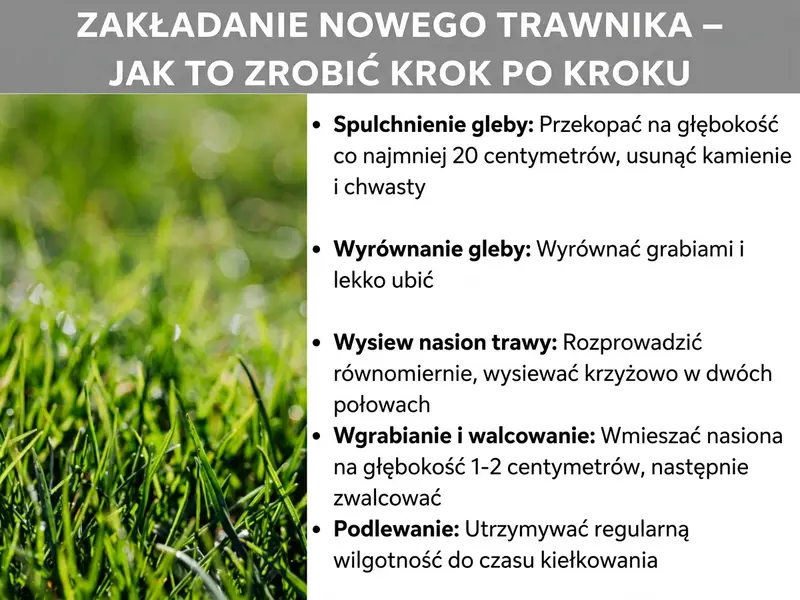 Infografika „Zakładanie trawnika – krok po kroku" przedstawiająca pięć kroków na tle zielonego trawnika: spulchnianie gleby, wyrównywanie terenu, siew nasion, wgrabianie i wałowanie, podlewanie.