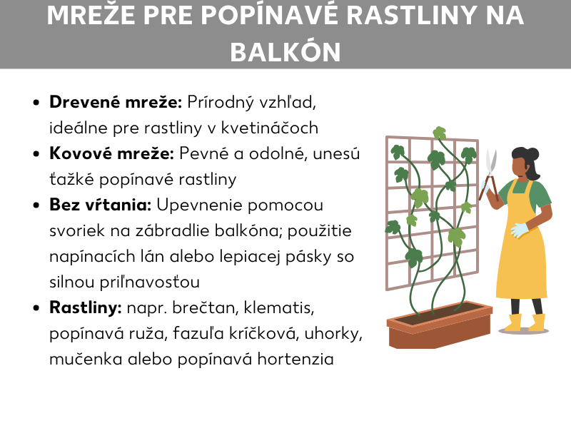 Infografika so štyrmi bodmi o mreži na balkón: drevená mreža (prirodzený vzhľad, ideálna pre kvetináčové rastliny), kovová mreža (stabilná a odolná, na ťažké popínavé rastliny), uchytenie bez vŕtania (svorky, napínacie laná alebo lepiaca páska) a vhodné rastliny (napr. brečtan, klematis, popínavá ruža, fazuľa tyčková, uhorky, mučenka, popínavá hortenzia). Vpravo ilustrácia ženy so žltou zásterou a záhradníckymi rukavicami vedľa mreže s popínavou rastlinou v balkónovom truhlíku.