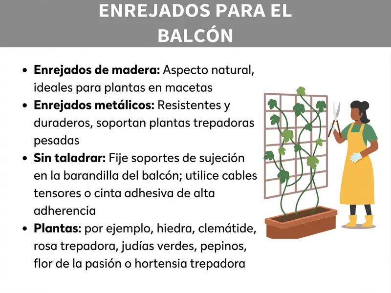 Infografía con cuatro puntos clave sobre celosías para balcón: celosía de madera (aspecto natural, ideal para plantas en maceta), celosía de metal (estable y duradera, para trepadoras pesadas), fijación sin taladrar (soportes de presión, cables tensores o cinta adhesiva) y plantas adecuadas (p. ej., hiedra, clemátide, rosal trepador, judías de enrame, pepinos, pasionaria, hortensia trepadora). A la derecha, una ilustración de una mujer con delantal amarillo y guantes de jardín junto a una celosía con planta trepadora en una jardinera de balcón.