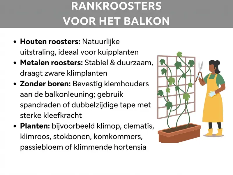 Infographic met vier aandachtspunten over rankhulpen voor het balkon: houten latwerk (natuurlijke uitstraling, ideaal voor kuipplanten), metalen rooster (stevig en duurzaam, voor zware klimplanten), bevestigen zonder boren (klemhouders, spankabels of plakstrip) en geschikte planten (bijv. klimop, clematis, klimroos, stokbonen, komkommers, passiebloem, klimhortensia). Rechts een illustratie van een vrouw met geel schort en tuinhandschoenen naast een rankhulp met klimplant in een balkonbak.