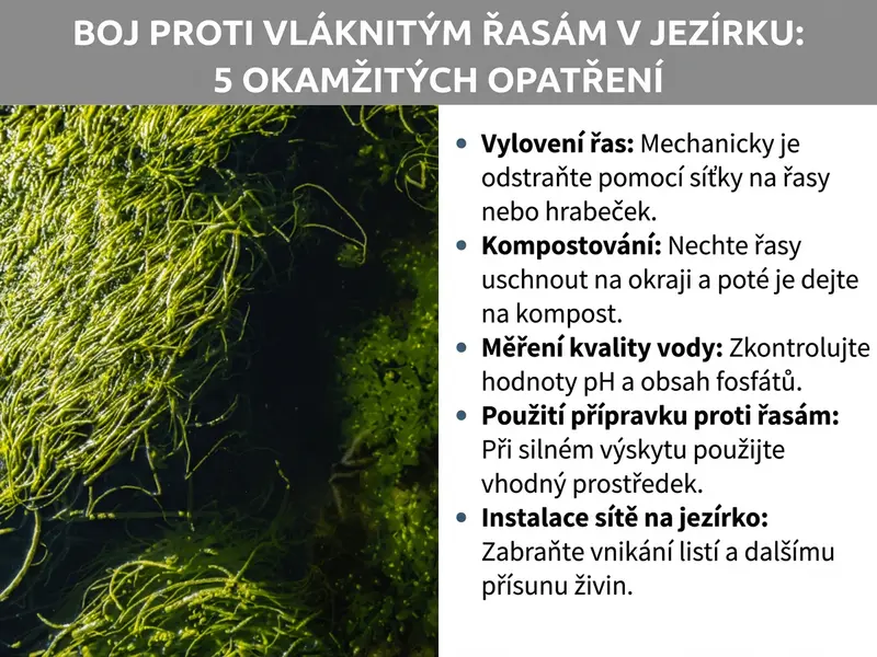 Infografika „Jak odstranit vláknité řasy v jezírku: 5 okamžitých opatření" s detailním záběrem zelených vláknitých řas ve vodě a pěti body: vylovení řas, kompostování, měření kvality vody, použití přípravku proti řasám, instalace sítě na jezírko.