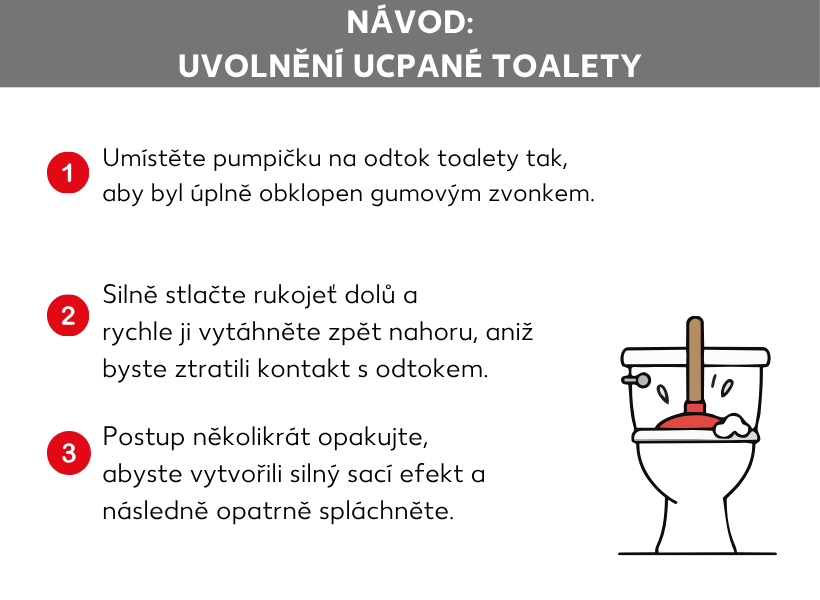 Informační grafika: Návod: Jak vyčistit ucpaný záchod. Toaleta s čisticím zvonem, vedle ní následující body: 1. Přiložte zvon na odtok toalety tak, aby ho zcela zakrýval. 2. Násadu silně zatlačte dolů a rychle ji opět vytáhněte nahoru, aniž by se zvon odlepil od odtoku. 3. Postup několikrát zopakujte, aby vznikl silný podtlak, a poté opatrně spláchněte.
