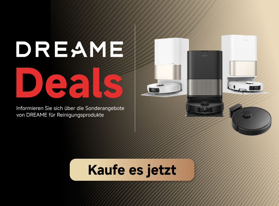 Werbung: DREAME Deals. Sonderangebote für Reinigungsprodukte. Das Bild zeigt vier Saugroboter-Modelle.