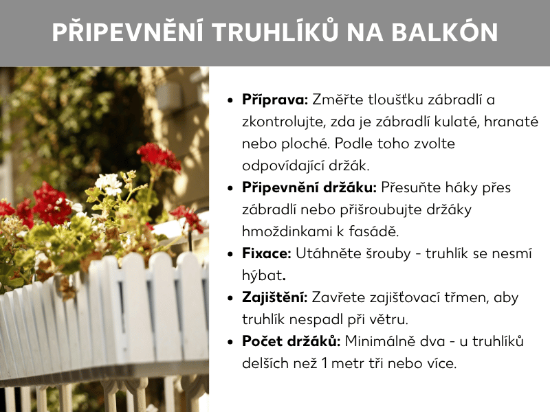 Infografika s názvem „Montáž truhlíků na balkon". Vlevo fotografie bílého balkonového zábradlí s kvetoucími červenými a bílými muškáty v truhlíku. Vpravo pět kroků ve zkratce: 1. Příprava – změřit tloušťku zábradlí a vybrat vhodný držák. 2. Nasazení držáku – nasunout háky přes zábradlí nebo připevnit hmoždinkami na fasádu. 3. Zajištění – dotáhnout šrouby, aby truhlík nevibroval. 4. Zabezpečení – uzavřít pojistný třmen proti větru. 5. Počet držáků – minimálně dva, od jednoho metru délky tři nebo více.