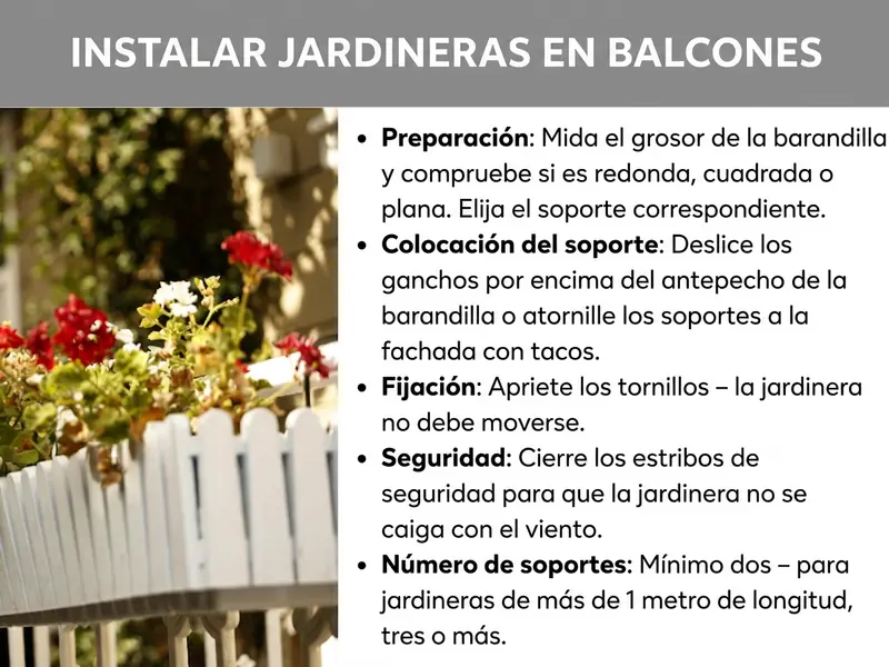 Infografía con el título «Fijar jardineras en el balcón». A la izquierda, una foto de una barandilla blanca con geranios rojos y blancos en flor dentro de una jardinera. A la derecha, cinco pasos resumidos: 1. Preparación: medir el grosor de la barandilla y elegir el soporte adecuado. 2. Colocar el soporte: deslizar los ganchos sobre el antepecho o fijarlos a la fachada con tacos. 3. Fijación: apretar los tornillos para que la jardinera no se mueva. 4. Seguridad: cerrar el estribo de seguridad contra el viento. 5. Número de soportes: al menos dos; a partir de 1 metro de longitud, tres o más.