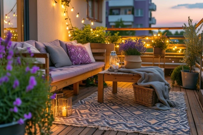 Schmuckbild: Ein Balkon mit Holzbelag, Holzmöbeln und einem Balkonteppich, der durch Kerzen und Lichterketten schön beleuchtet wird und mit lila Blumen geschmückt ist.