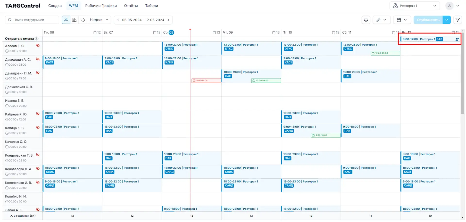 Открытые смены в системе TARGControl
