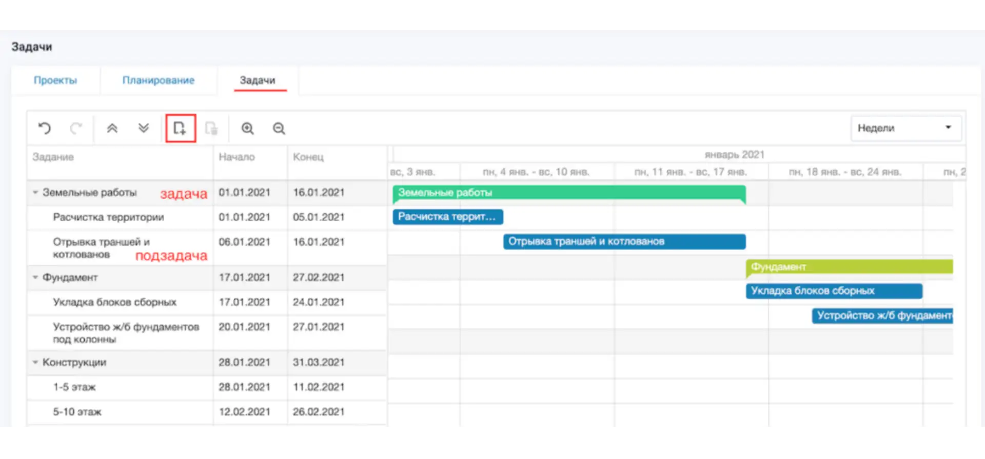 Пример задач в проекте