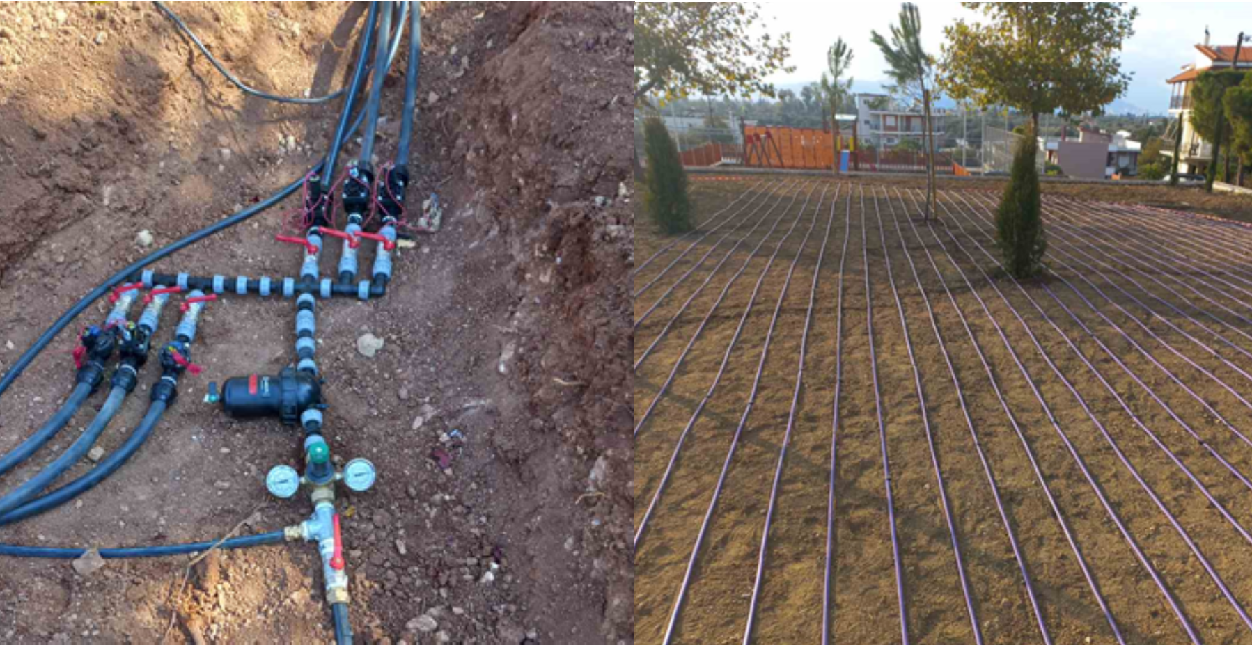 Κοντινή όψη ενός προηγμένου συστήματος άρδευσης με σωλήνες, βαλβίδες και μετρητές στα αριστερά και μια ευρύτερη όψη ενός χωραφιού με σωλήνες άρδευσης που ποτίζουν δέντρα στα δεξιά.